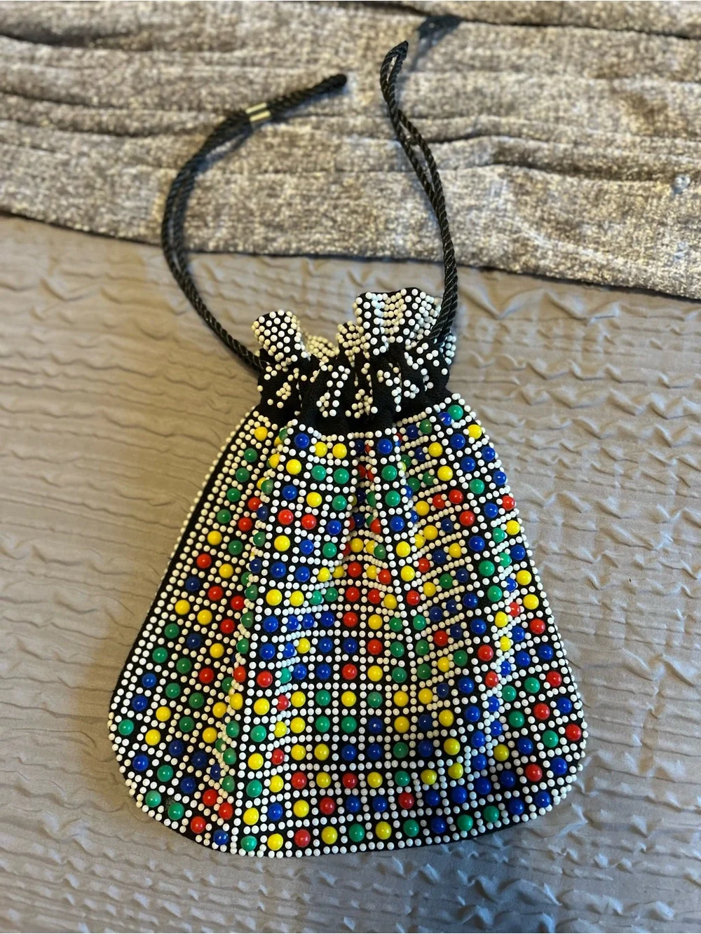 60’s/70’s Vintage Beaded Reversible Candy Dot Multi Color Purse Cinch Handbag - Picture 4 of 5